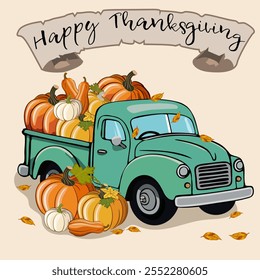 Pumpkin harvest on a truck.Vector illustration for Thanksgiving day with pumpkins on red truck.