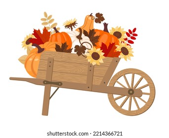 Pumpkin harvest on a wooden cart. Illustrated vector element.