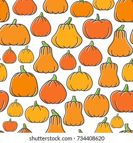 Pumpkin harvest seamless pattern. Season ripe orange vegetables background. Different shapes squash. October mature gourd. Vector illustration for print, wrapping, textile, packaging, halloween design