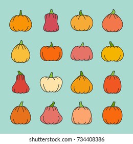 Pumpkin harvest thin line icon set. Vector linear symbol pack. Outline sign with color fill. Editable stroke. Season ripe orange vegetable collection. Different shape squash Gourd vector illustration 