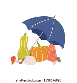 Pumpkin harvest under an umbrella. In a flat vector style