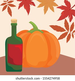 pumpkin in harvest with wine bottle vector illustration design