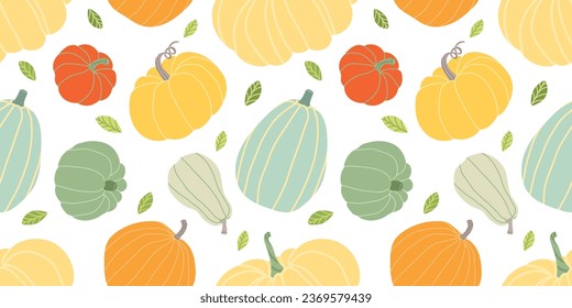 Pumpkin harvesting seamless pattern. Colorful harvest illustration. Used for paper, cover, gift wrap, fabric. Vector illustration. Autumn seamless patterns.