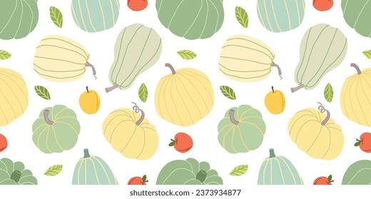 Pumpkin harvesting seamless pattern. Colorful harvest illustration. Used for paper, cover, gift wrap, fabric. Vector illustration. Autumn seamless patterns.