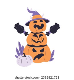Pumpkin in Hat and Broom as Halloween Trick or Treat Night Party Element Vector Illustration