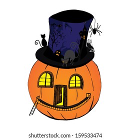 Pumpkin with hat, cat, spider, owl, bat and witch