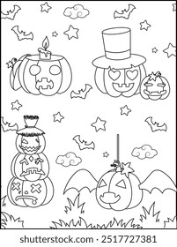 Pumpkin with a hat. Coloring book page for kids. Pumpkin Halloween illustration