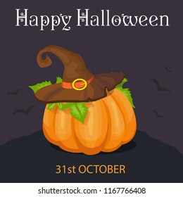pumpkin in hat, halloween illustration, vector