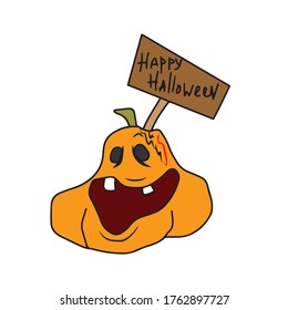 Pumpkin in a hat and Halloween text, vector design for banner, poster, greeting card, party invitation.