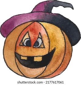 Pumpkin in a hat. Hand-drawn vector illustration isolated on a white background. Logo, clipart, template, book illustration. Halloween theme.