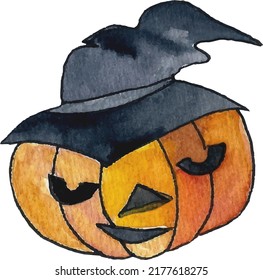 Pumpkin in a hat. Hand-drawn vector illustration isolated on a white background. Logo, clipart, template, book illustration. Halloween theme.
