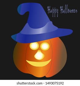 Pumpkin in a hat and "Happy Halloween" on a dark background.Vector graphics.
