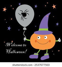 Abóbora em um chapéu segura um balão e vai para o Halloween. Ilustração vetorial.
