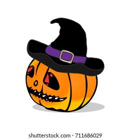 Pumpkin with Hat isolated on white. Halloween Party.