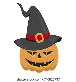 Pumpkin in a hat, jack-o'-lantern, vector illustration for Happy Halloween.