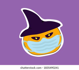 Pumpkin in a hat and medical mask on a purple background. Vector graphics.