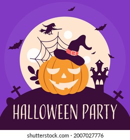 Pumpkin in a hat on the background of the moon. Bats, a witch, a spider web and a castle. Vector flat illustration for Halloween. Ideal for postcards, flyers, posters