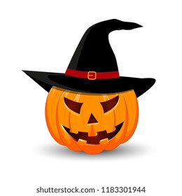 Pumpkin in hat on white background. The main symbol of the Happy Halloween holiday. Orange pumpkin with smile for your design for the holiday Halloween. Vector illustration.