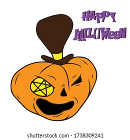 Pumpkin in a hat with a pentagram in the eye, vector design for banner, poster, greeting card, party invitation.Traditional element of Halloween. Vector illustration.