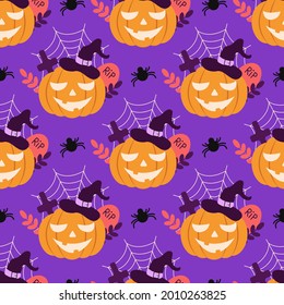 A pumpkin in a hat with a spider. Vector seamless pattern on a bright purple background for Halloween. Holiday print for packaging paper, fabric