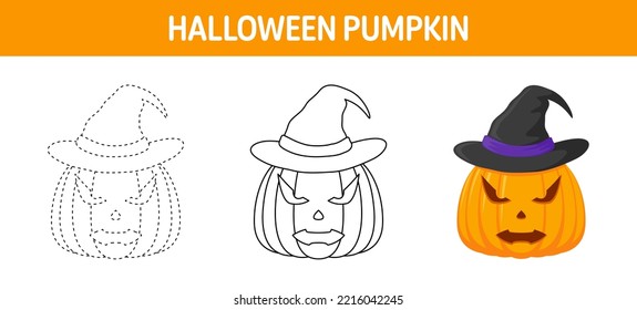 Pumpkin With Hat tracing and coloring worksheet for kids