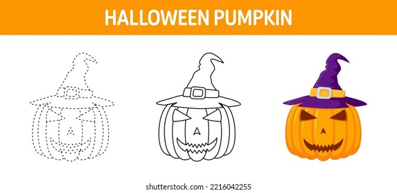 Pumpkin With Hat tracing and coloring worksheet for kids