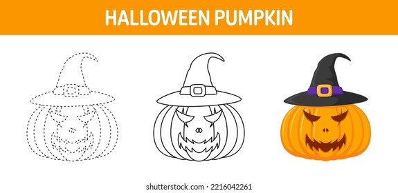 Pumpkin With Hat tracing and coloring worksheet for kids