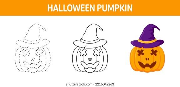 Pumpkin With Hat tracing and coloring worksheet for kids