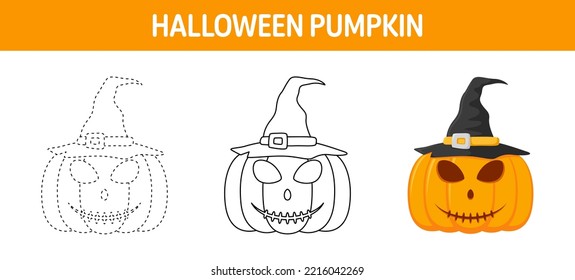 Pumpkin With Hat tracing and coloring worksheet for kids