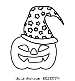 pumpkin with hat trick or treat happy halloween vector illustration line design
