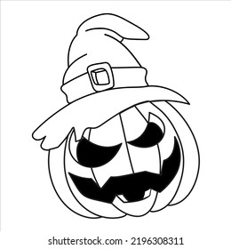 Pumpkin with hat vector illustration. Witch hat halloween art with white isolated background for your design, print, postcard, poster, book decoration. Witch ctaft illustration