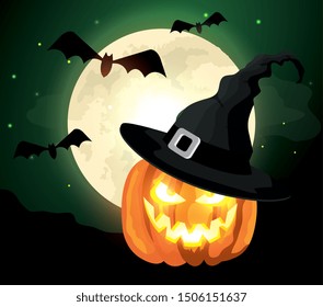 pumpkin with hat witch and bats flying in halloween scene