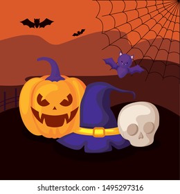 pumpkin with hat witch in halloween scene