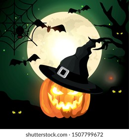 pumpkin with hat witch halloween scene