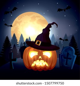 pumpkin with hat witch in scene halloween