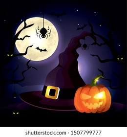 pumpkin with hat witch in scene halloween