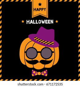 Pumpkin having mustache put on sunglasses and hat on hipster style for Halloween party.