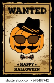 Pumpkin having mustache put on sunglasses and hat on wanted poster background for Happy Halloween party.