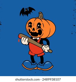 Cabeza de calabaza con bate de béisbol. Concepto de Halloween. Ilustración vectorial moderna dibujada a mano. Elemento de diseño aislado. Lindo personaje espeluznante, aterrador, divertido. Dibujos animados estilo retro. Impresión, Plantilla de diseño