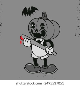 Pumpkin head with baseball bat. Halloween concept. Hand drawn modern Vector illustration. Isolated design element. Cute creepy, scary, funny character. Cartoon retro style. Print, design template