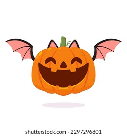 Pumpkin head with Bat wing. Cute and scary halloween pumpkin monster set. Holidays cartoon character in flat style collection.