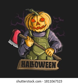 pumpkin head with big axe illustration vector graphic