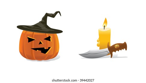 Pumpkin head in black hat with candle and knife