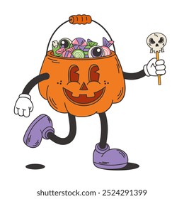 Pumpkin head with candy. Groovy retro halloween character. Vector illustration. Isolated design element.