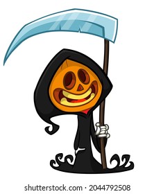 Pumpkin head cartoon character with scythe. Halloween jack o lantern reaper illustration design for party invitation or poster. Vector scarecrow isolated
