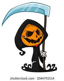 Pumpkin head cartoon character with scythe. Halloween jack o lantern reaper illustration design for party invitation or poster. Vector scarecrow isolated
