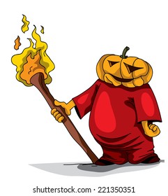 pumpkin Head Character, Holding Torch Happy Halloween Party (Vector Art)