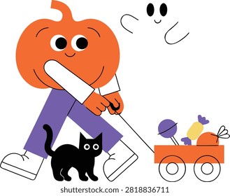Pumpkin head character pulling wagon with candy and black cat