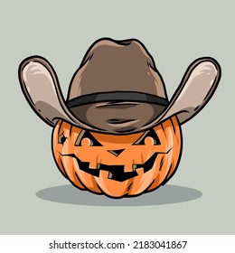 Pumpkin head design illustration as a cowboy, best use for Halloween Theme