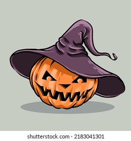Pumpkin head design illustration as a witch, best use for Halloween Theme